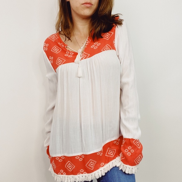 beachlunchlounge Tops - beachlunchlounge White Orange Gauze Tunic Fringe